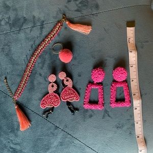 LOT of pink jewelry! Flamingo and door knocker earrings